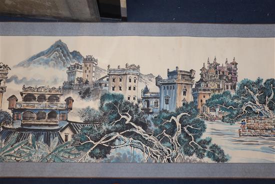 A group of Chinese scroll pictures and a case